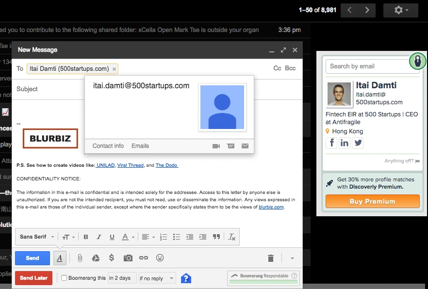 Gmail with a contact-information browser sidebar in the original guide.