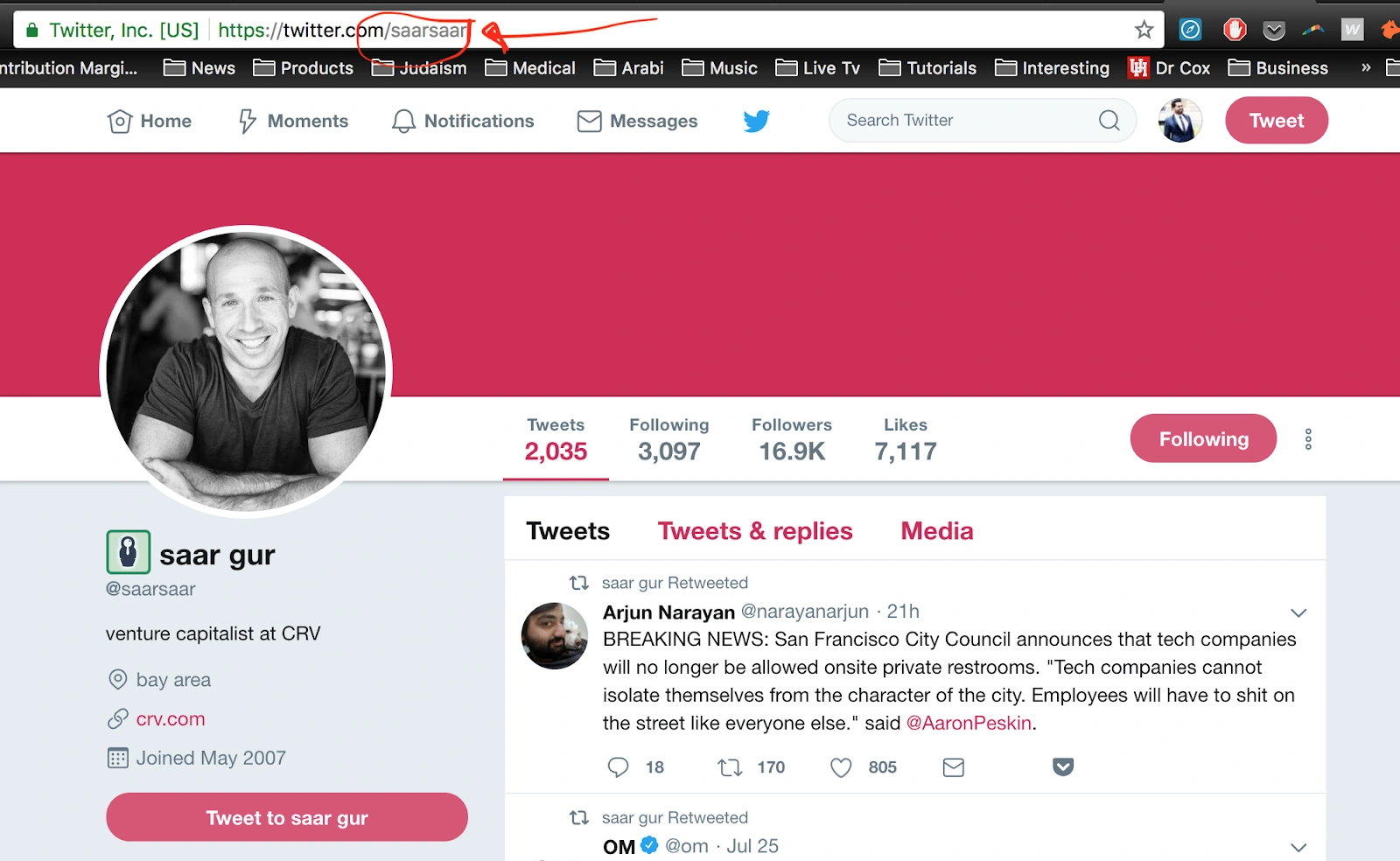 A Twitter profile used to illustrate handle research in the original guide.