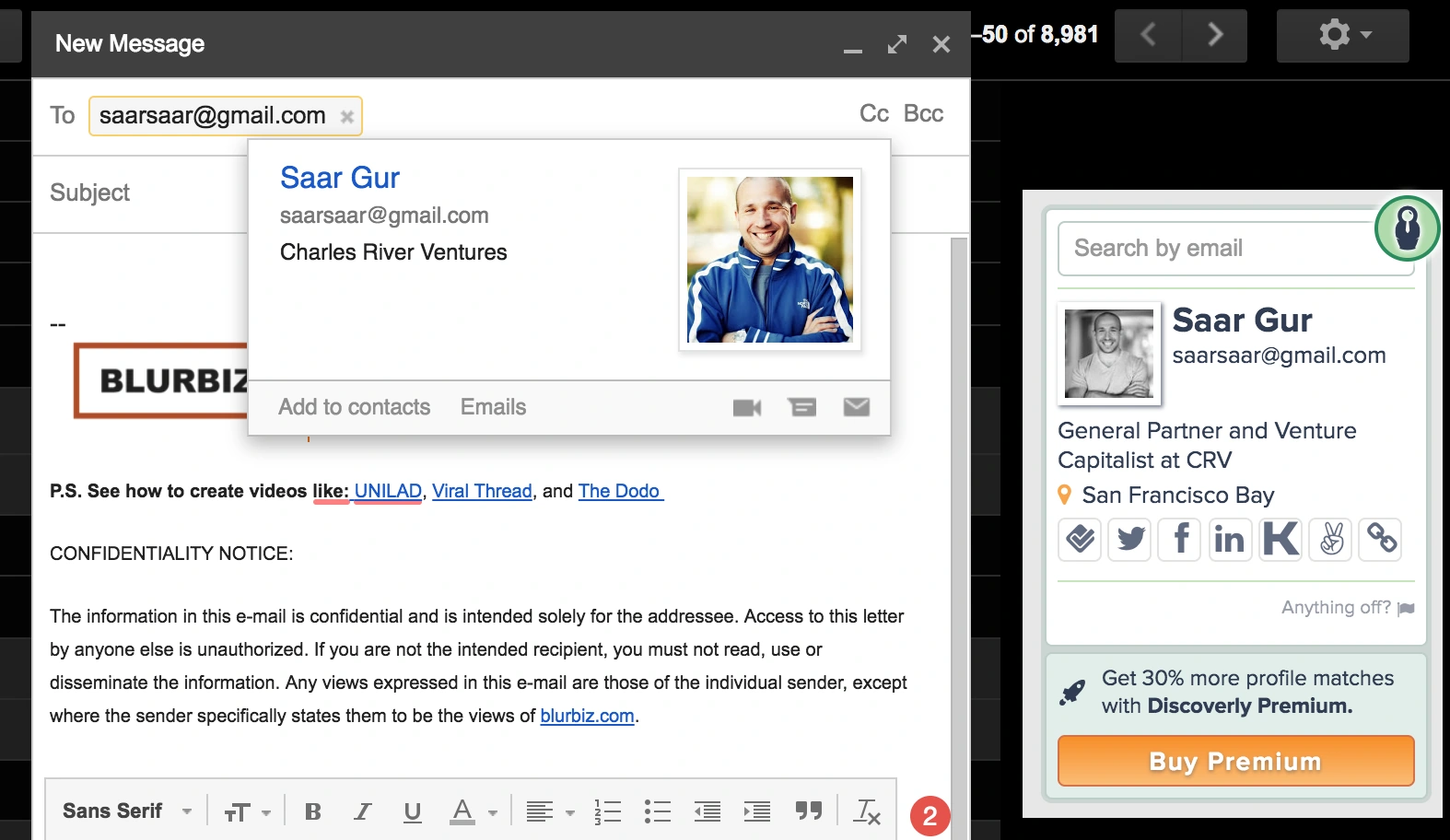 Gmail contact matching and profile sidebar in the original guide.