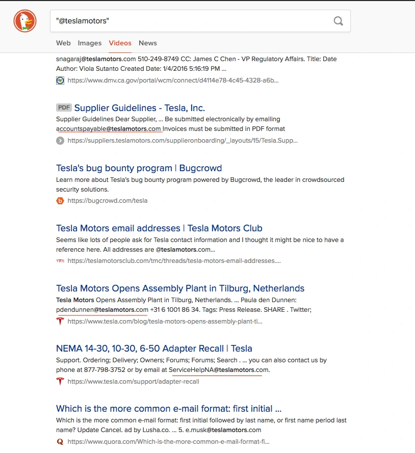 DuckDuckGo search results for a company email domain in the original guide.