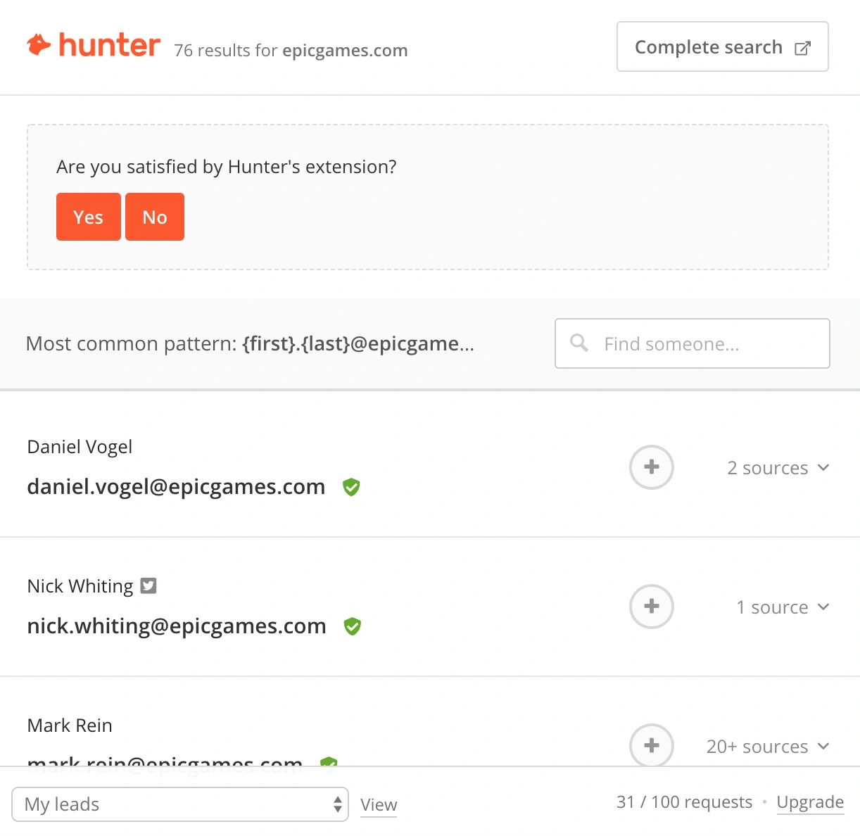 Hunter company-domain results showing an email naming pattern in the original guide.