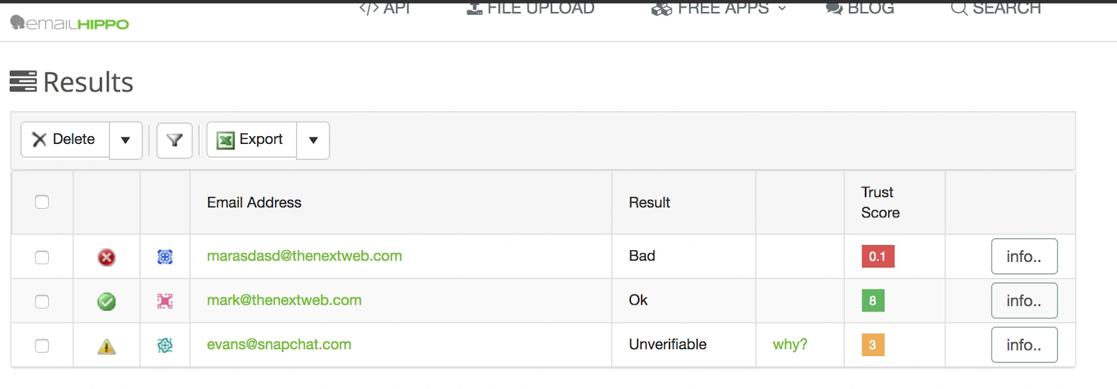 Email Hippo results displaying Bad, OK, and Unverifiable statuses.