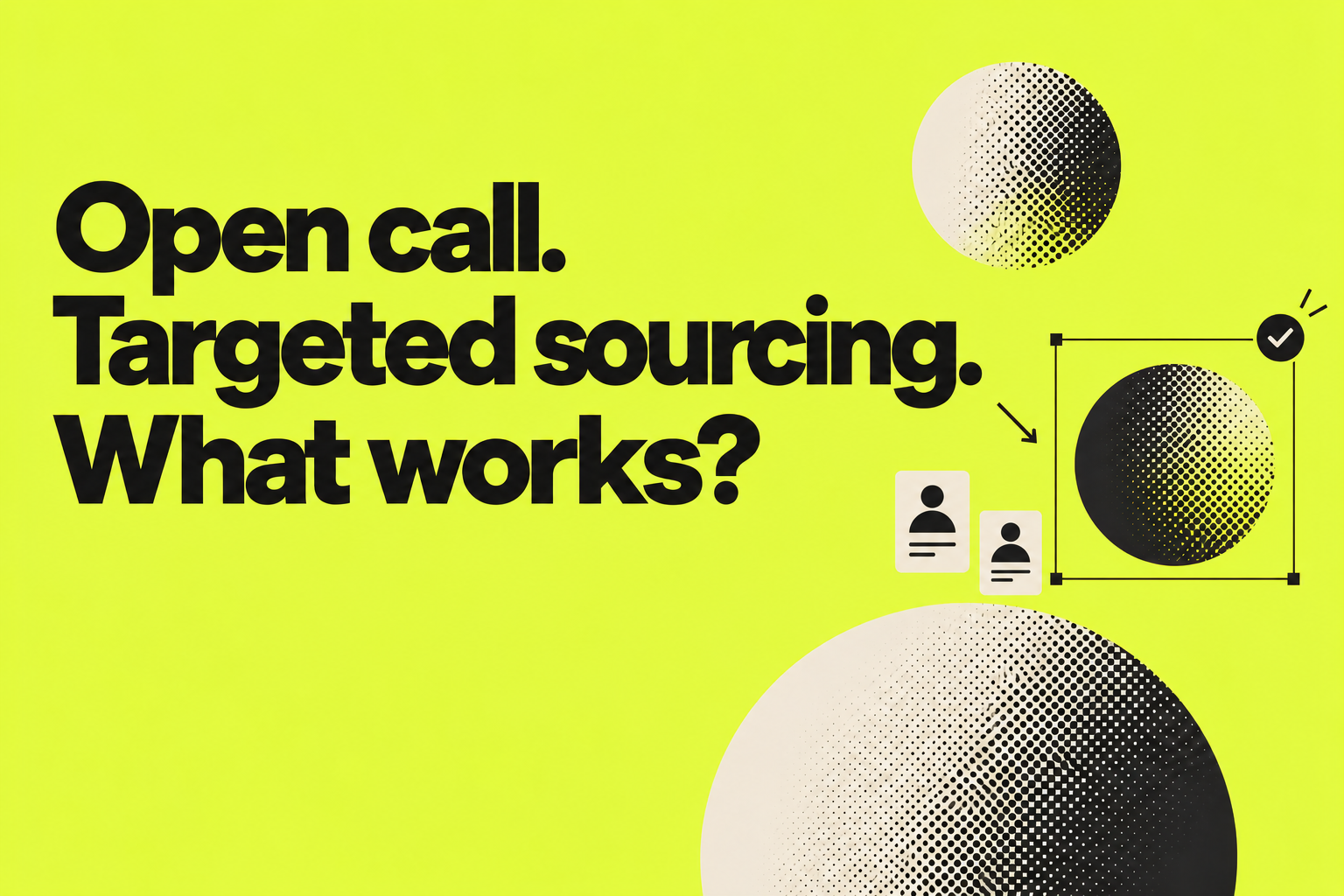 A megaphone reaches a broad group of candidate cards and halftone spheres, illustrating an open call for startups.